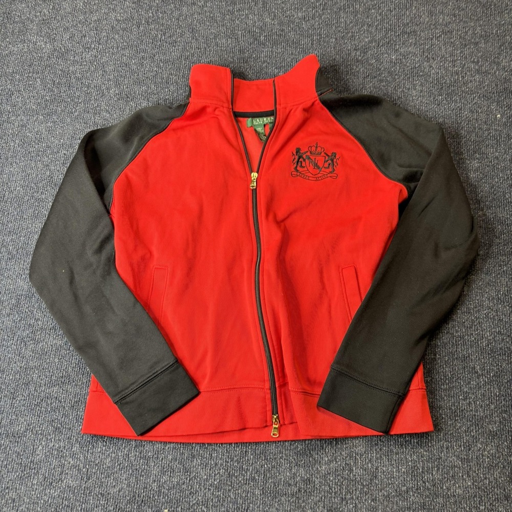 Lauren Ralph Lauren Jacket Womens Large Red Black Track Full Zip Crest Logo